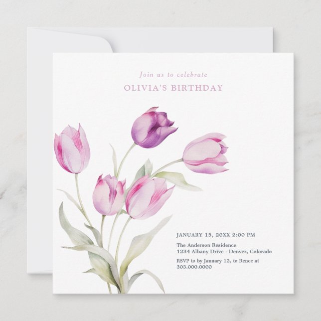 Convite Elegantes Tulipas Lilás Roxas em Aquarela (Frente)