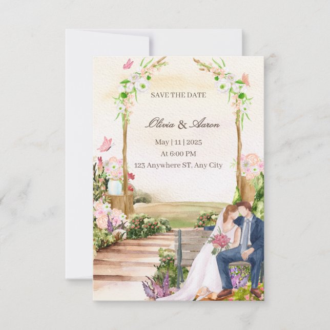Convite Elegantly Romantic Garden Couple Illustration Save (Frente)