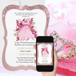 Convite Elegente Floral Rosa-Rosa de Quinceañera, rosa Dou