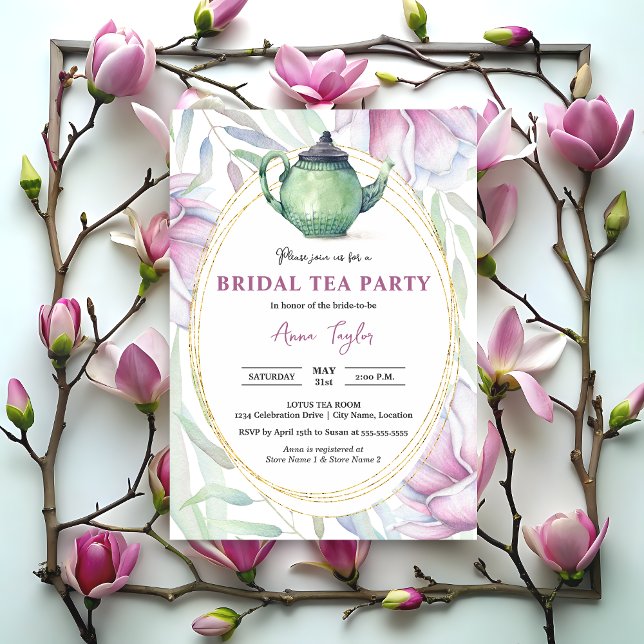 Convite Elegente Magnolia Floral Bridal Tea Party (Elegant magnolia floral tea party invitation front.)