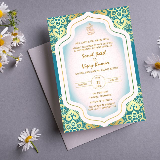 Convite Elementos de Ouro do logotipo indiano Hindu Weddin (Criador carregado)