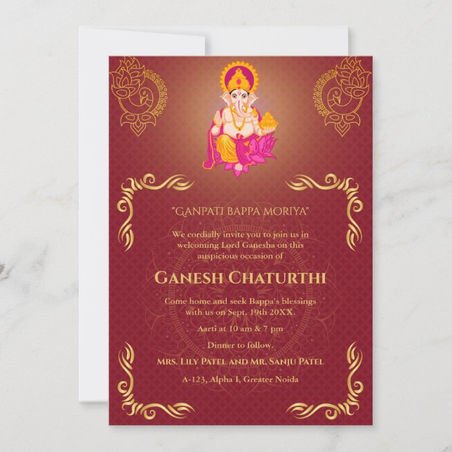 Convite Elementos para Ouro de Ganesh Chaturthi Puja Roya (Frente)