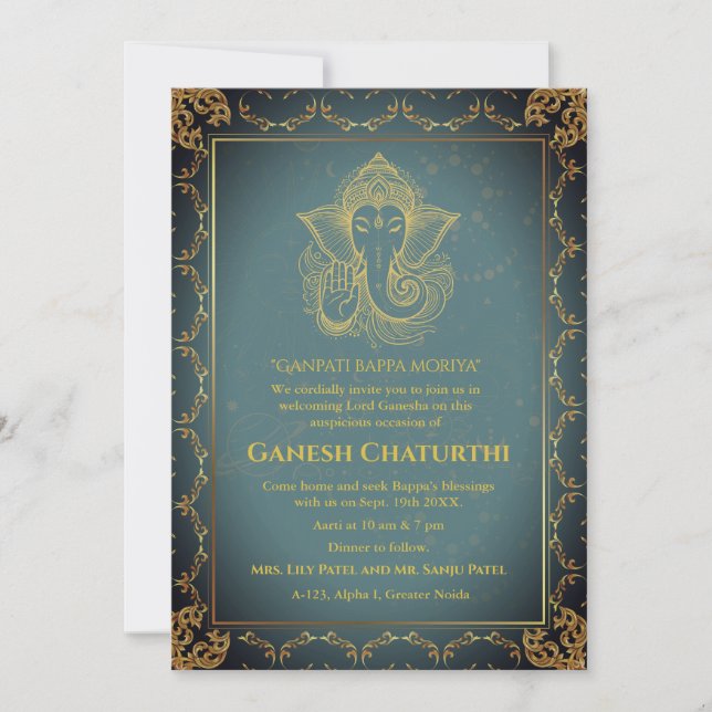 Convite Elementos para Ouro de Ganesh Chaturthi Puja Roya (Frente)