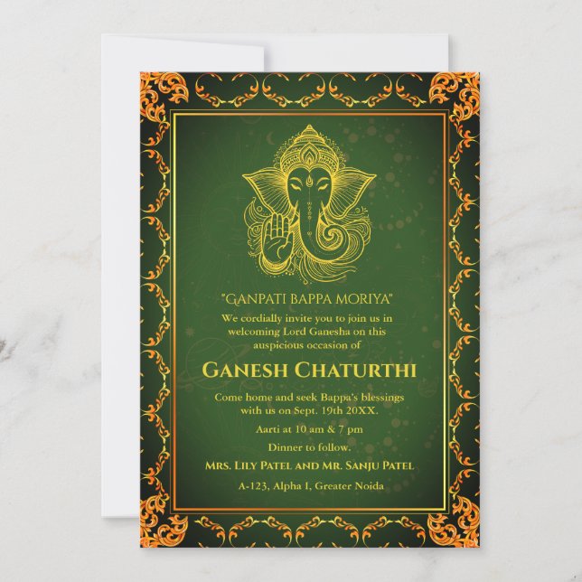 Convite Elementos para Ouro de Ganesh Chaturthi Puja Roya (Frente)