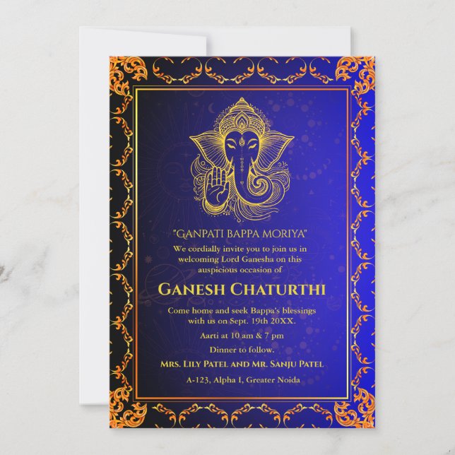 Convite Elementos para Ouro de Ganesh Chaturthi Puja Roya (Frente)