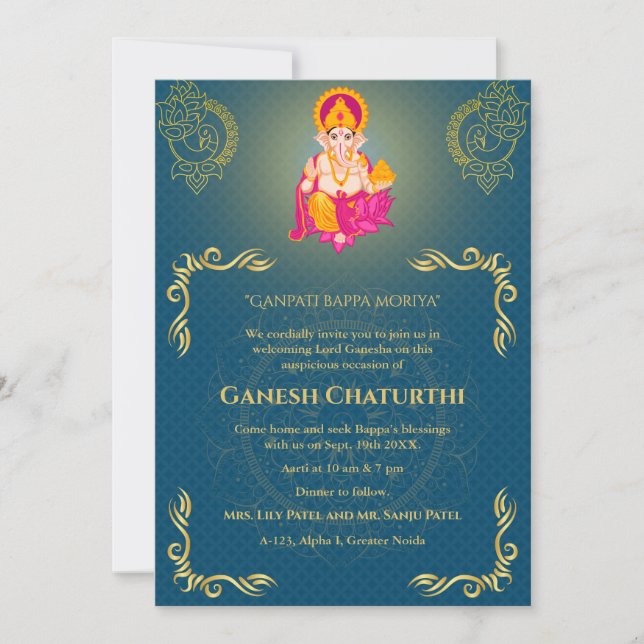 Convite Elementos para Ouro de Ganesh Chaturthi Puja Roya (Frente)