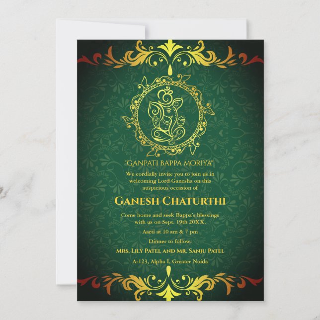 Convite Elementos para Ouro de Ganesh Chaturthi Puja Roya (Frente)
