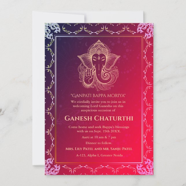 Convite Elementos para Ouro de Ganesh Chaturthi Puja Roya (Frente)