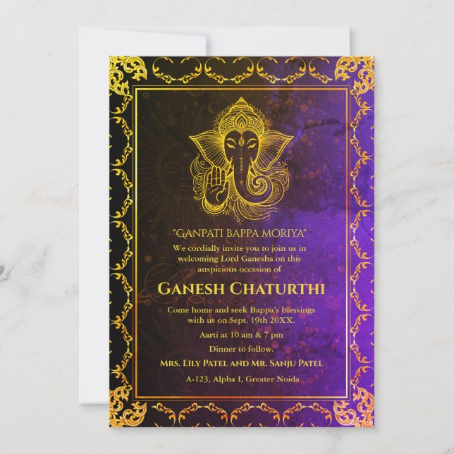 Convite Elementos para Ouro de Ganesh Chaturthi Puja Roya (Frente)