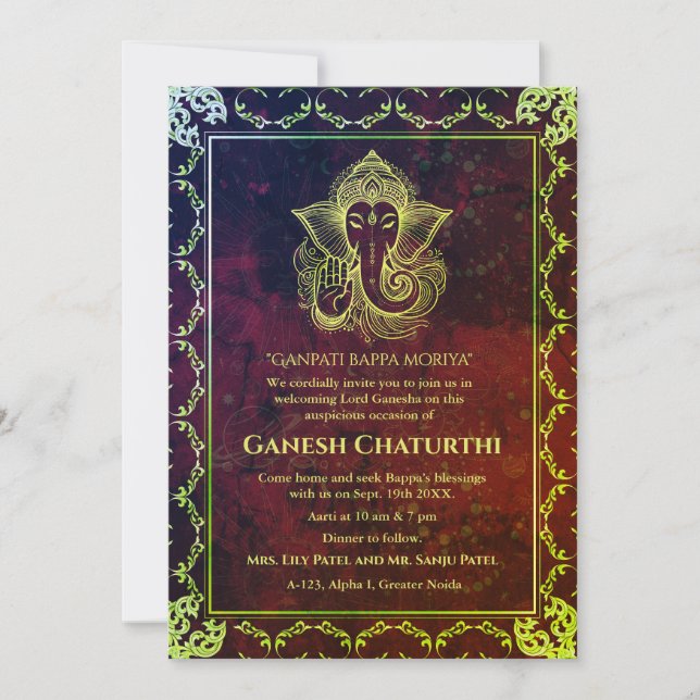 Convite Elementos para Ouro de Ganesh Chaturthi Puja Roya (Frente)