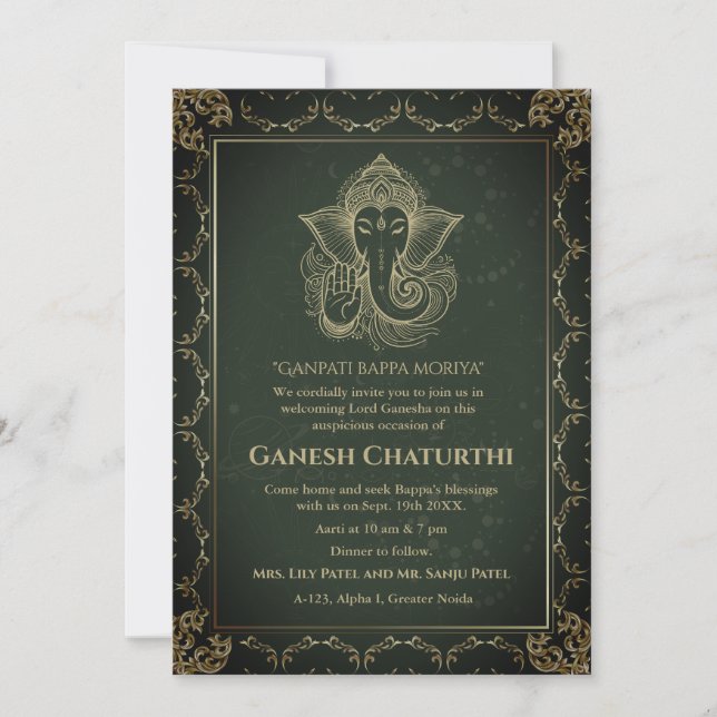 Convite Elementos para Ouro de Ganesh Chaturthi Puja Roya (Frente)