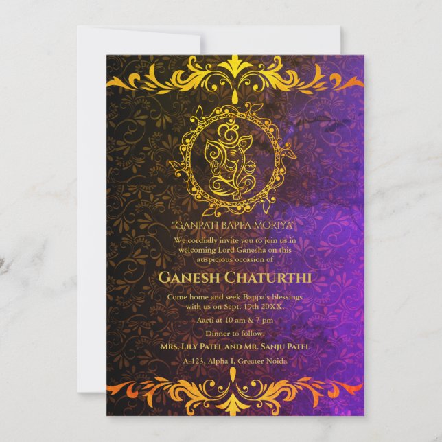 Convite Elementos para Ouro de Ganesh Chaturthi Puja Roya (Frente)