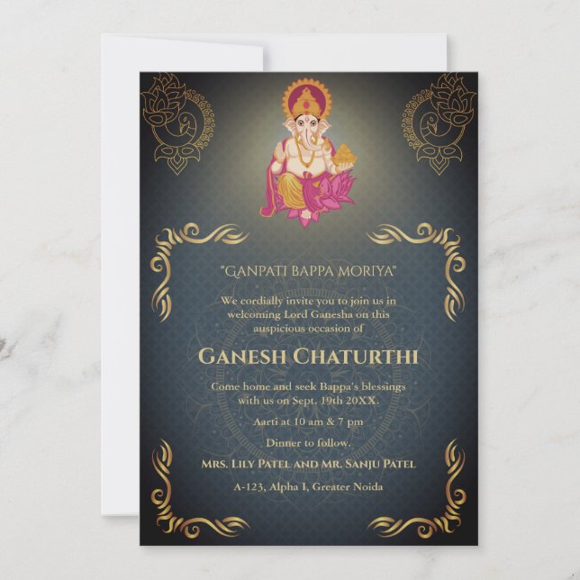 Convite Elementos para Ouro de Ganesh Chaturthi Puja Roya (Frente)