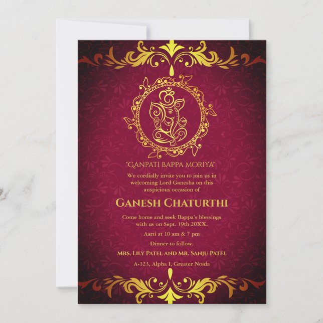 Convite Elementos para Ouro de Ganesh Chaturthi Puja Roya (Frente)