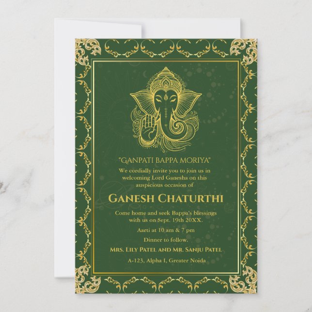 Convite Elementos para Ouro de Ganesh Chaturthi Puja Roya (Frente)