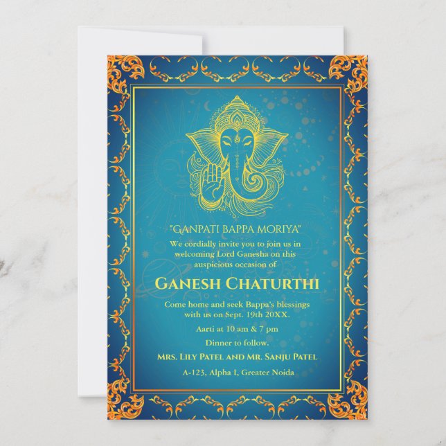 Convite Elementos para Ouro de Ganesh Chaturthi Puja Roya (Frente)