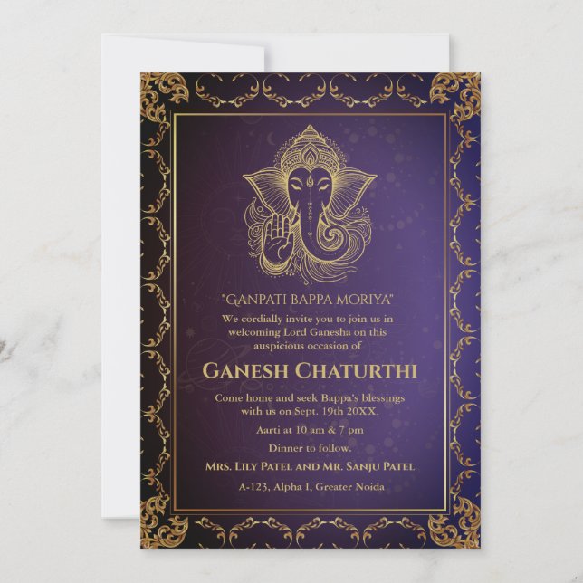 Convite Elementos para Ouro de Ganesh Chaturthi Puja Roya (Frente)
