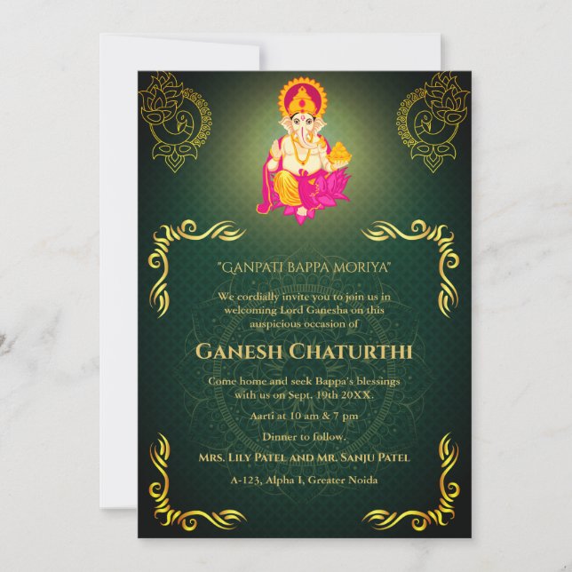 Convite Elementos para Ouro de Ganesh Chaturthi Puja Roya (Frente)