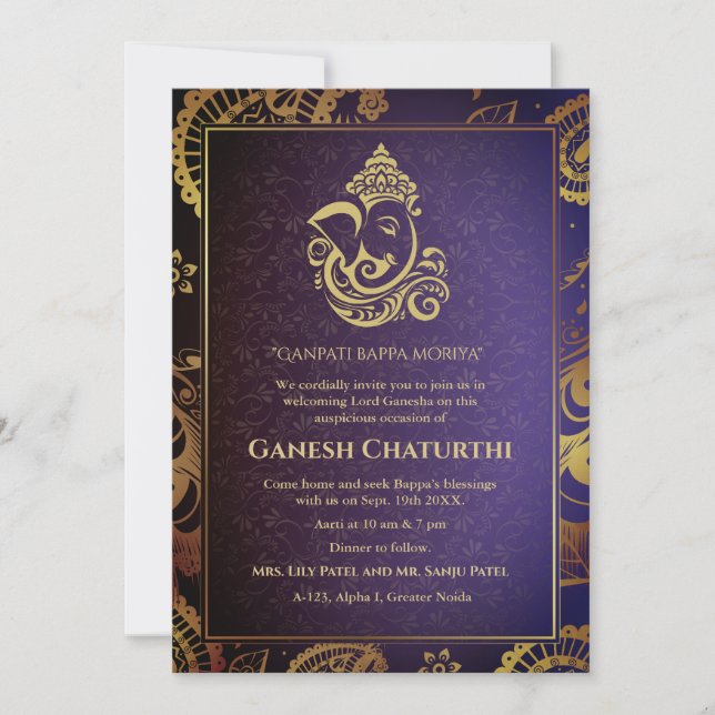 Convite Elementos para Ouro de Ganesh Chaturthi Puja Roya (Frente)