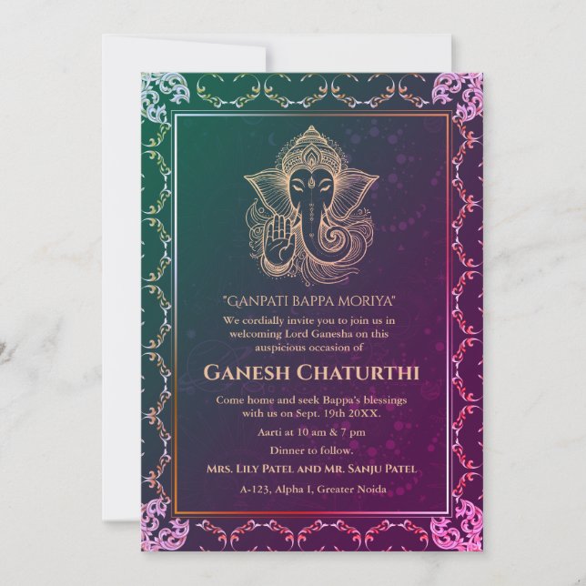 Convite Elementos para Ouro de Ganesh Chaturthi Puja Roya (Frente)