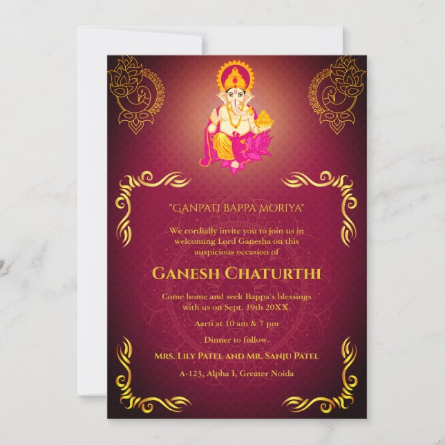 Convite Elementos para Ouro de Ganesh Chaturthi Puja Roya (Frente)