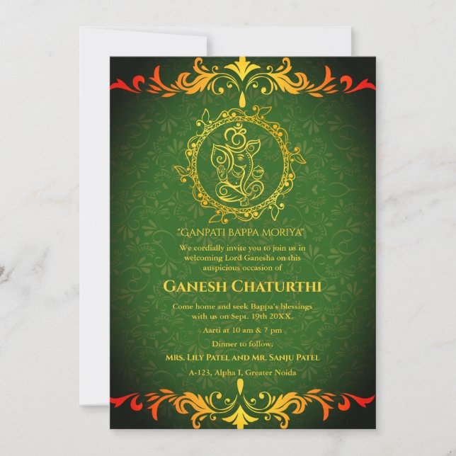 Convite Elementos para Ouro de Ganesh Chaturthi Puja Roya (Frente)