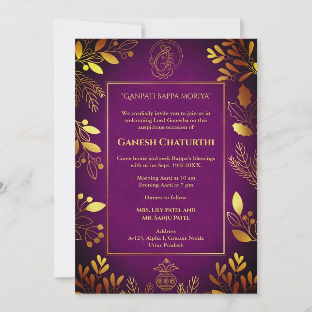 Convite Elementos para Ouro Ganesh Chaturthi Puja (Frente)