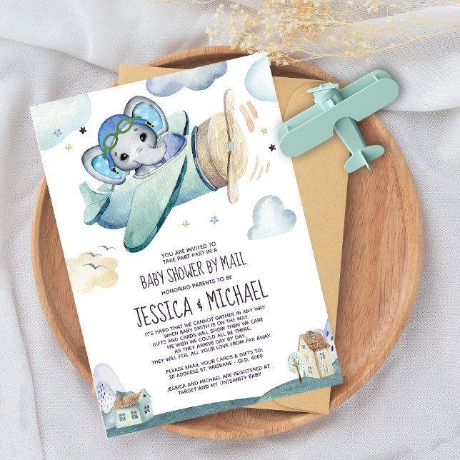 Convite Elephant Airplane | Baby Shower by Mail Invitation (Criador carregado)