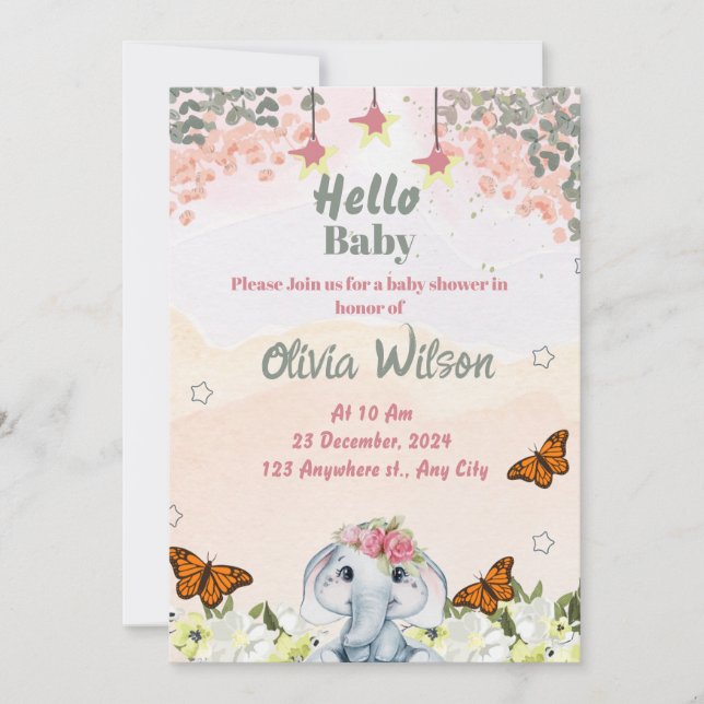 Convite Elephant Baby Shower Invitation for Baby Girl (Frente)