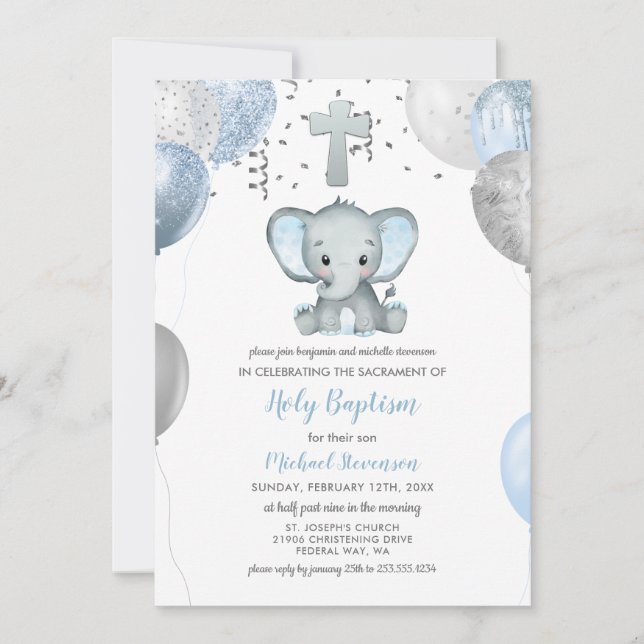 Convite Elephant Balloons Watercolor Baptism (Frente)