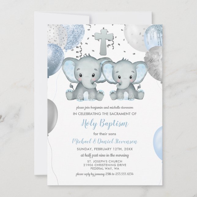 Convite Elephant Balloons Watercolor Baptism (Frente)