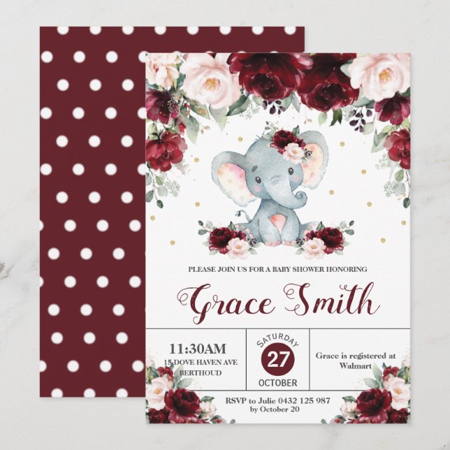 Convite Elephant Burgundy Blush Floral Chá de fraldas Girl (Frente/Verso)