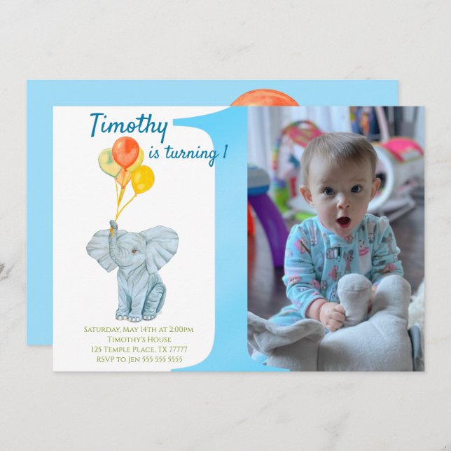 Convite Elephant First Birthday Boy Personalizado  (Frente/Verso)