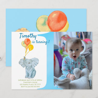 Convite Elephant First Birthday Boy Personalizado 