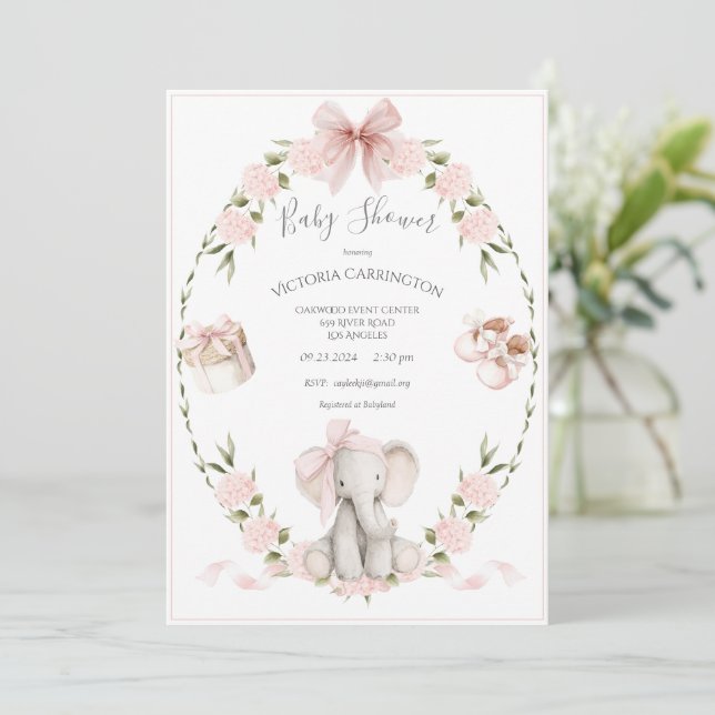 Convite Elephant Floral Hydrangeas Pink Girl Baby Shower (Em pé/Frente)