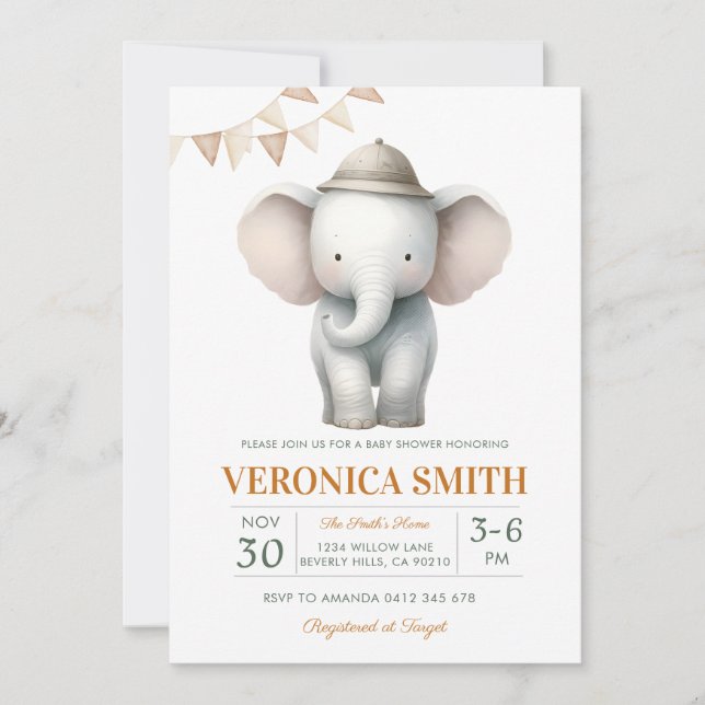 Convite Elephant Gender Neutral Baby Shower  (Frente)