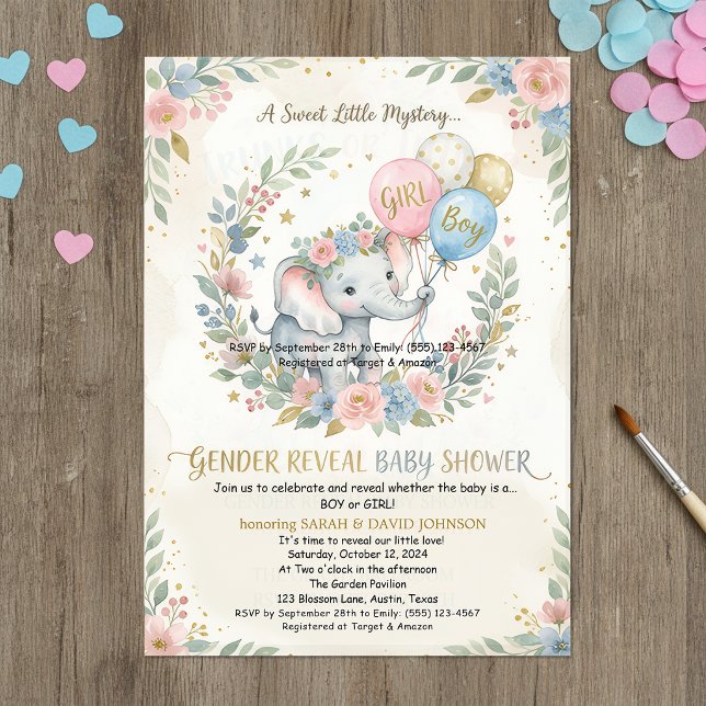 Convite Elephant Gender Reveal Invitation | Pink & Blue Fl (Criador carregado)