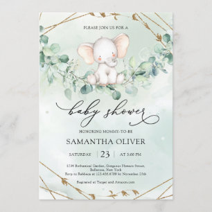 Convite Elephant Greenery Eucalyptus Dourado Geometric Bab