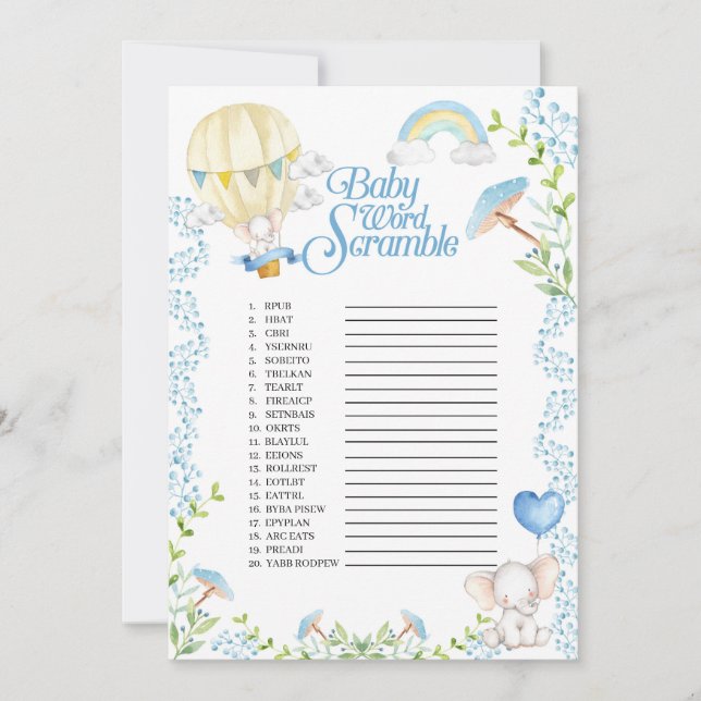 Convite Elephant Hot Air Balloon Baby Word Scramble Game (Frente)