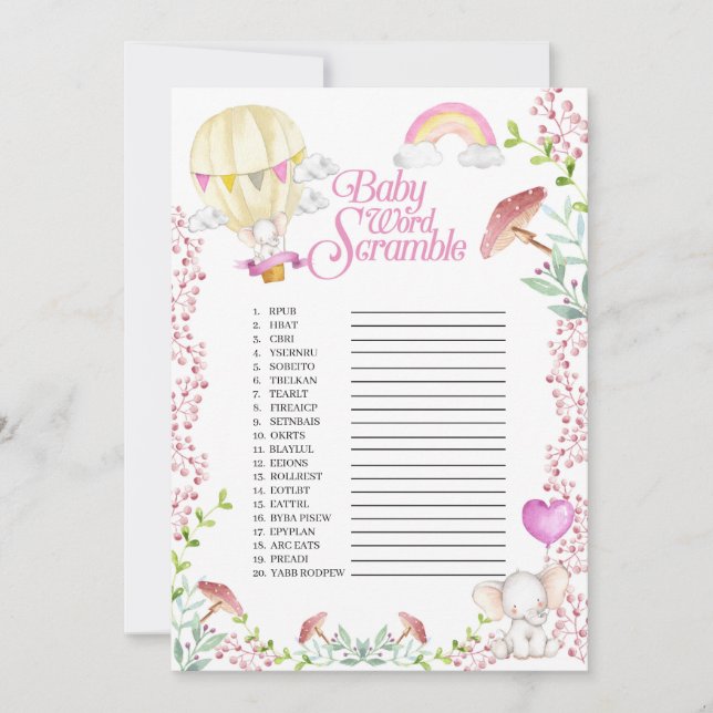 Convite Elephant Hot Air Balloon Baby Word Scramble Game (Frente)