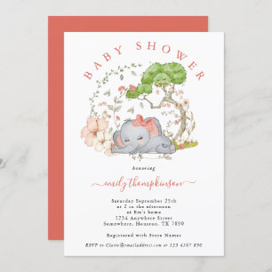 Convite Elephant Jungle Foliage Coral Girl Chá de fraldas