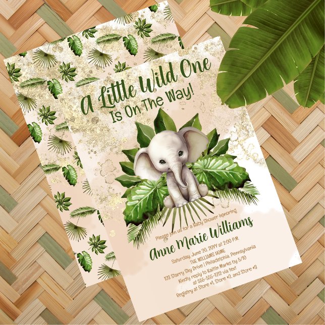 Convite Elephant Little Wild One Está A Caminho Do Chá de  (Tropical Safari Cute Elephant "A Little Wild One Is On The Way" Baby Shower Invitation )