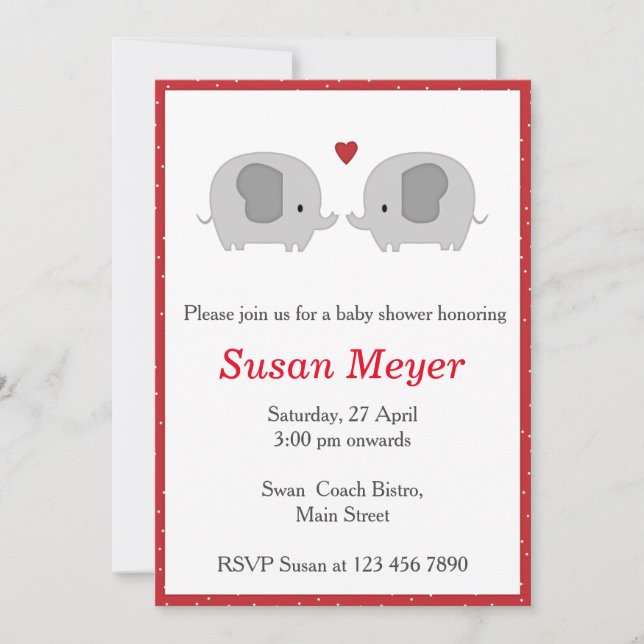 Convite Elephant Love Heart Baby Invitation Red (Frente)