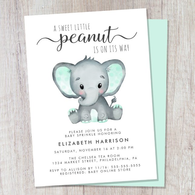 Convite Elephant Mint Green Watercolor Baby Sprinkle (Cute gender-neutral baby sprinkle invitation)