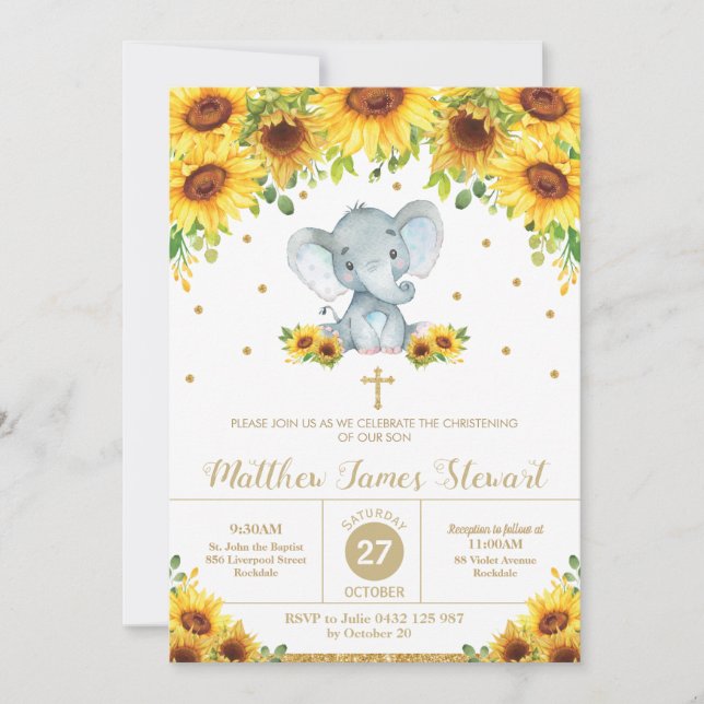 Convite Elephant Sunflower Floral Christening Boy (Frente)