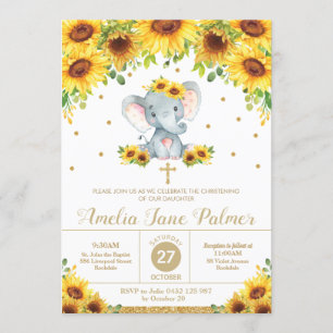 Convite Elephant Sunflower Floral Christening Girl