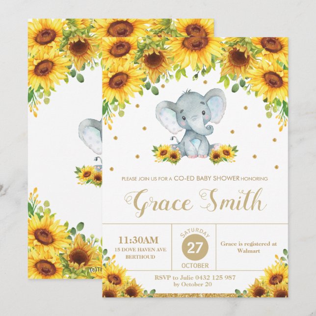 Convite Elephant Sunflower Floral Co-Ed Boy (Frente/Verso)