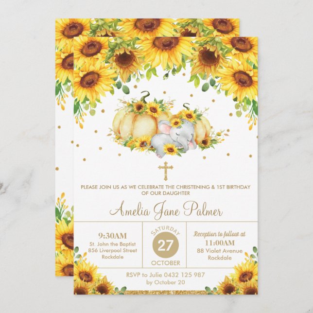 Convite Elephant Sunflower Pumpkin Christening Baptism (Frente/Verso)