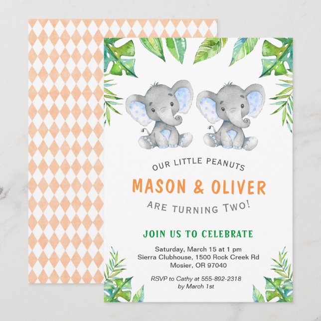 Convite Elephant Twin Boys Birthday Festa de Pequenos Amen (Frente/Verso)