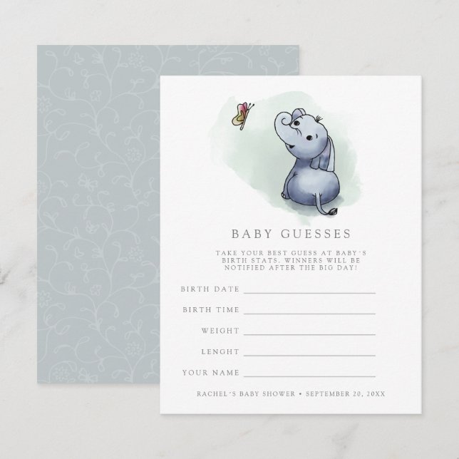 Convite Elephant w butterfly chá de fraldas adivinhando (Frente/Verso)